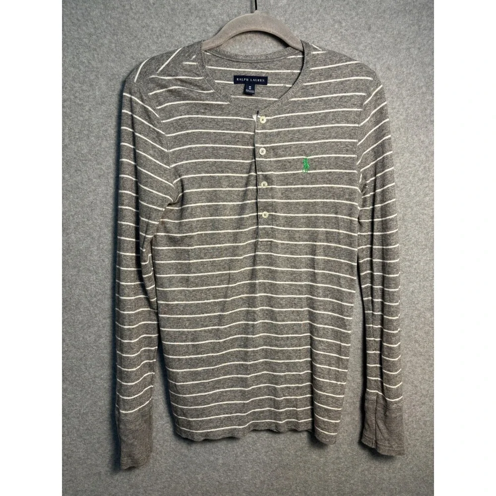 Ralph Lauren Womens Gray Striped Henley Top Green Pony Logo Lyocell Cotton Blend